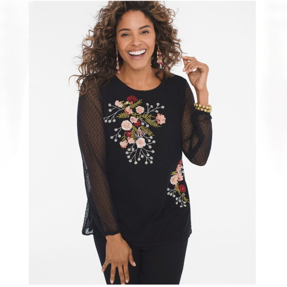 Chico's Top Women's Size 3 (16-18) Black Floral Embroidery Sheer Long Sleeves‎